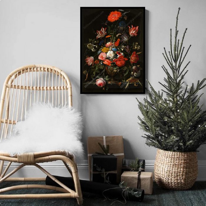 Flowers in a metal vase by Abraham Mignon