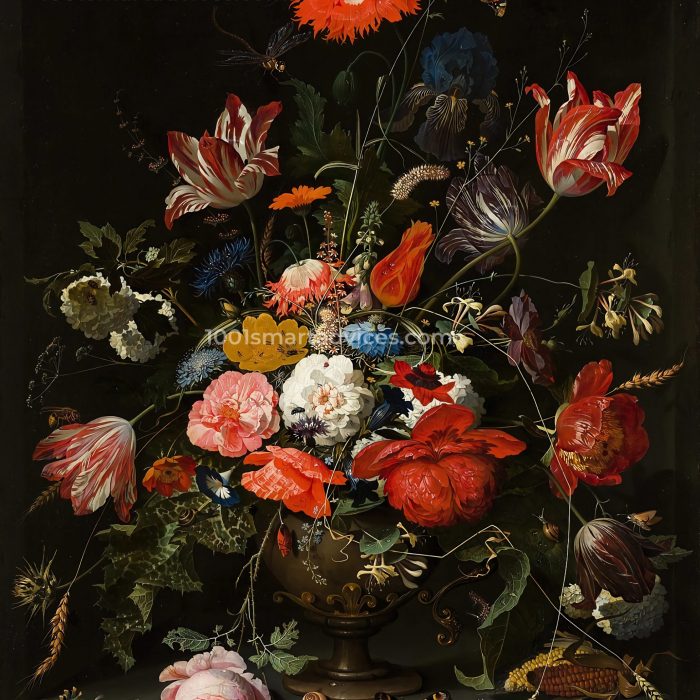 Flowers in a metal vase by Abraham Mignon