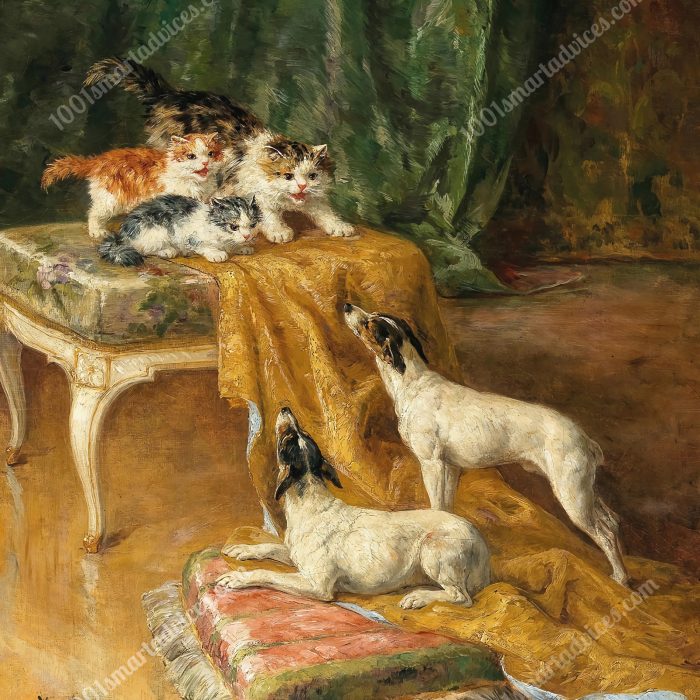 Two Jack Russells and Three Kittens by Marie-Yvonne Laur