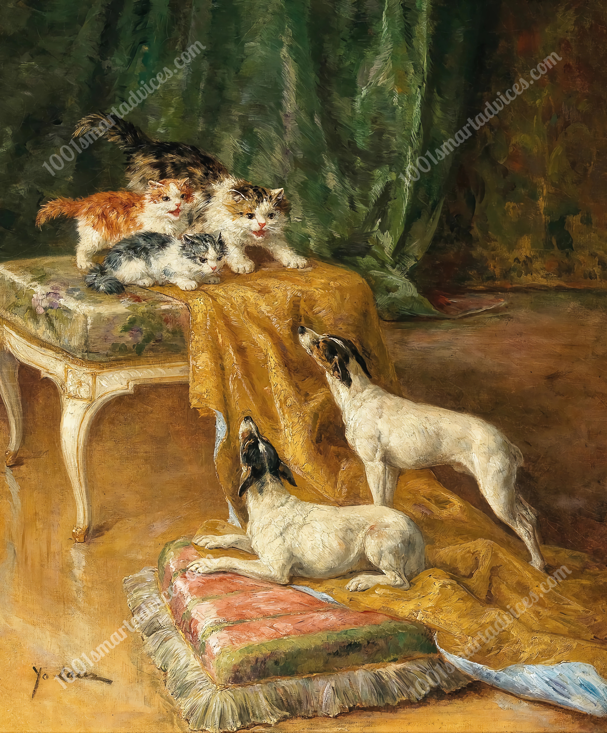 Two Jack Russells and Three Kittens