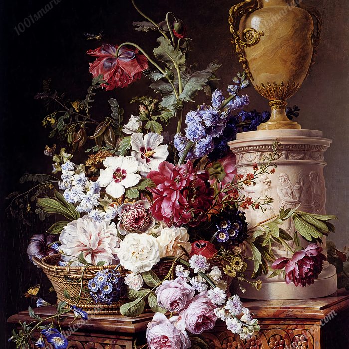 Still Life of Flowers in a Basket on a Marble Pedestal by Gerard van Spaendonck