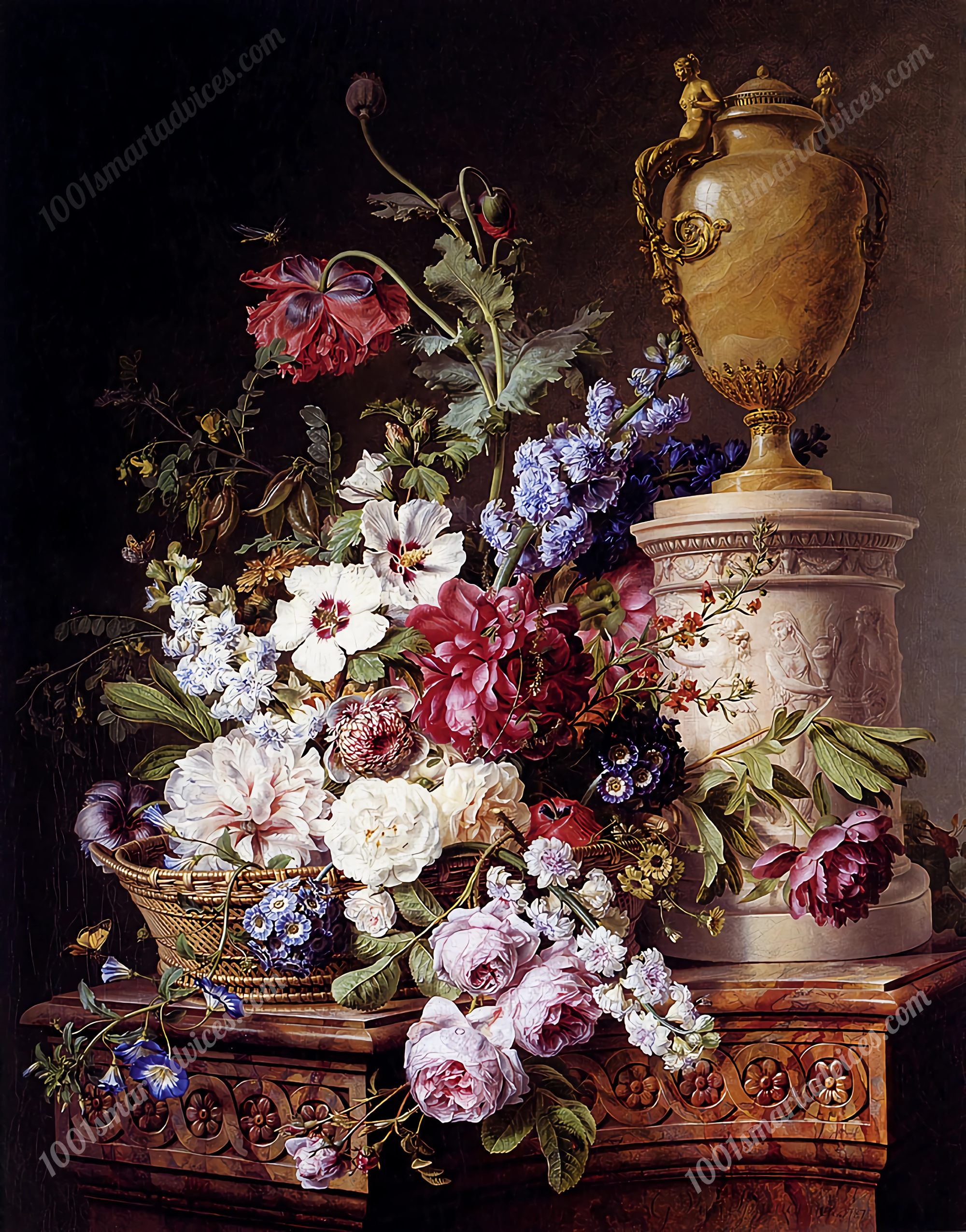 Still Life of Flowers in a Basket on a Marble Pedestal