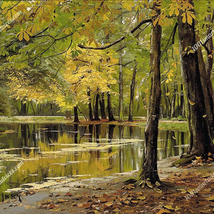 Autumn party from a lake, chestnut tree in the foreground by Peder Mørk Mønsted