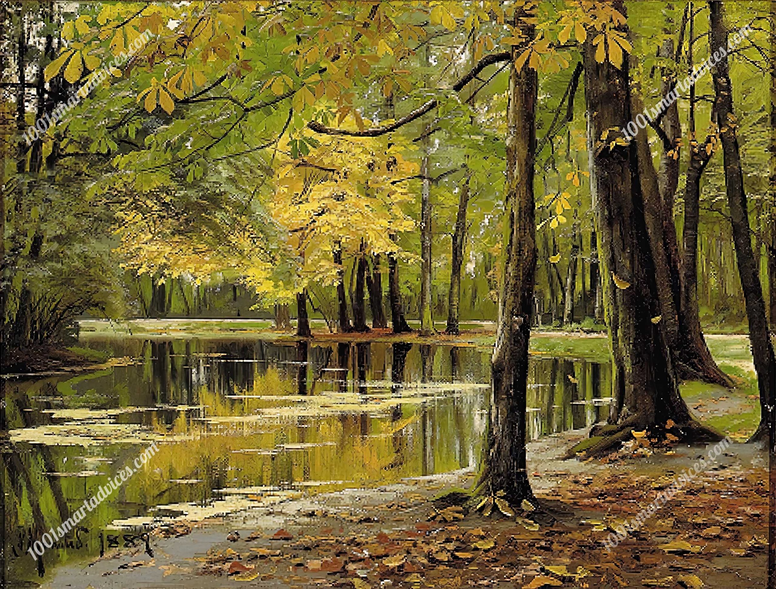 Autumn party from a lake, chestnut tree in the foreground