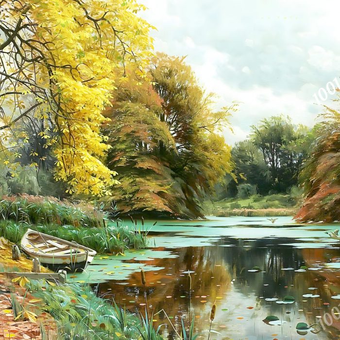 Autumn day at a pond in the woodlands with ducks and a rowboat by Peder Mork Monsted