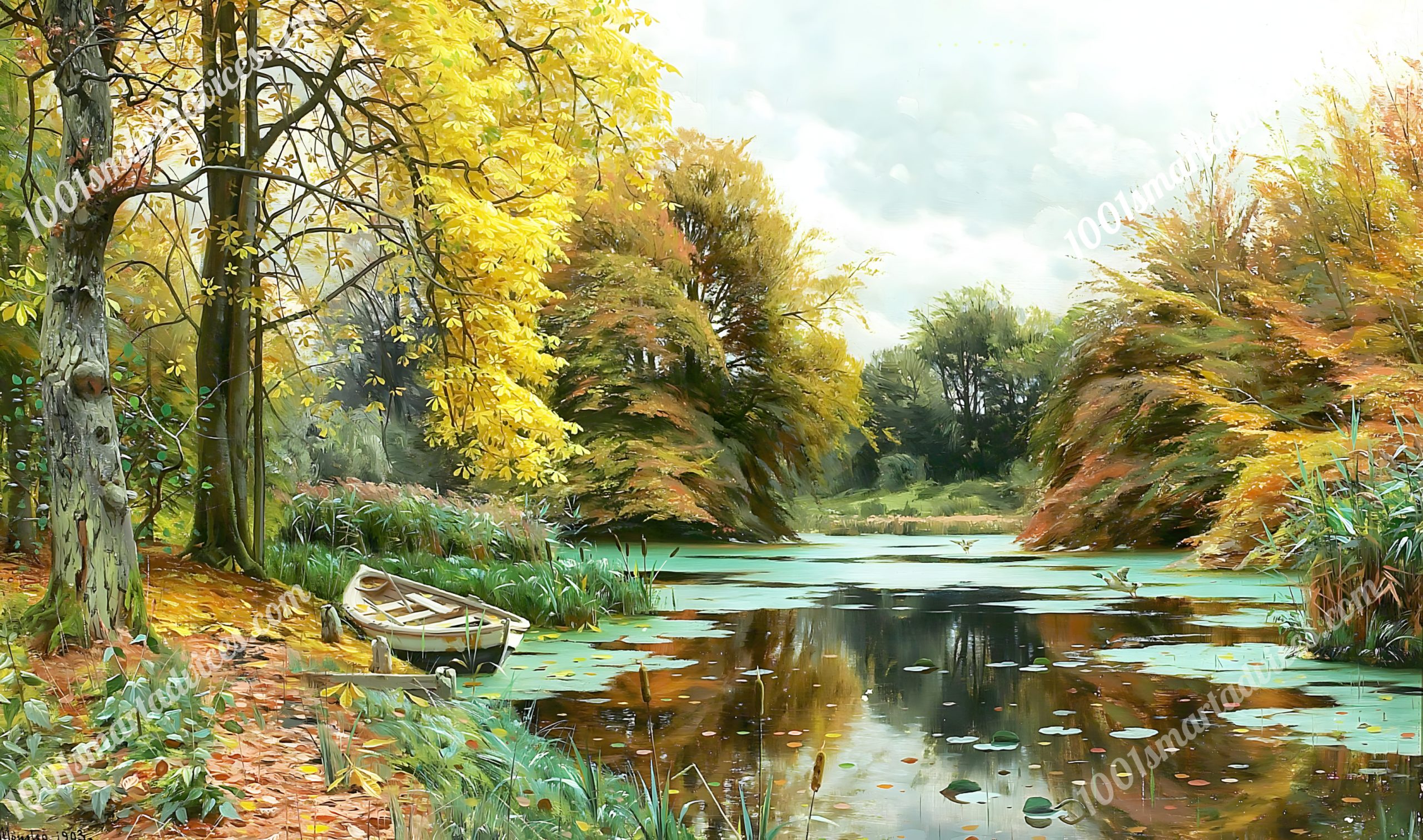 Autumn day at a pond in the woodlands with ducks and a rowboat